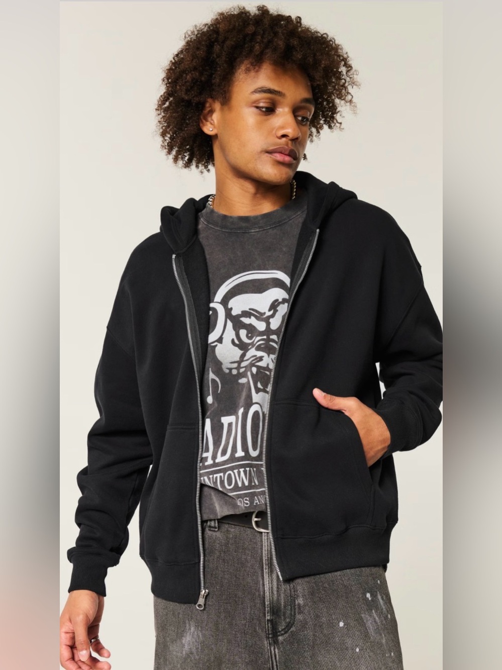 Hollister Men’s XS Black Zip Up Hoodie Jacket with Pockets and Drawstring EUC